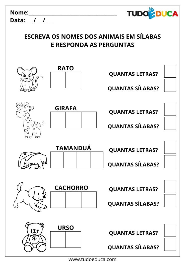 Atividade de Português com Sílabas Simples escreva os nomes