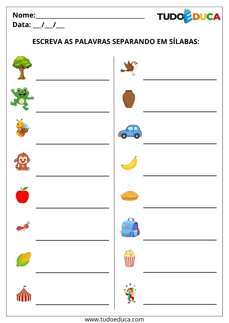 Atividade de Português com Sílabas Simples separe em sílabas