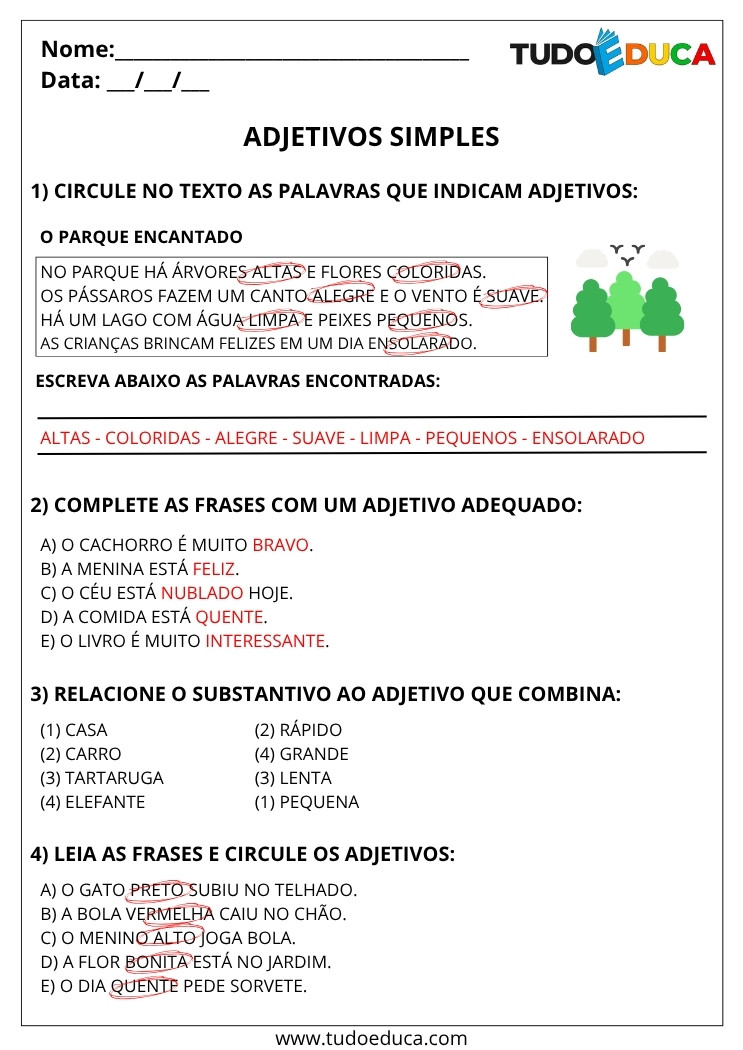 Atividade Portugues 3 ano com gabarito adjetivos simples