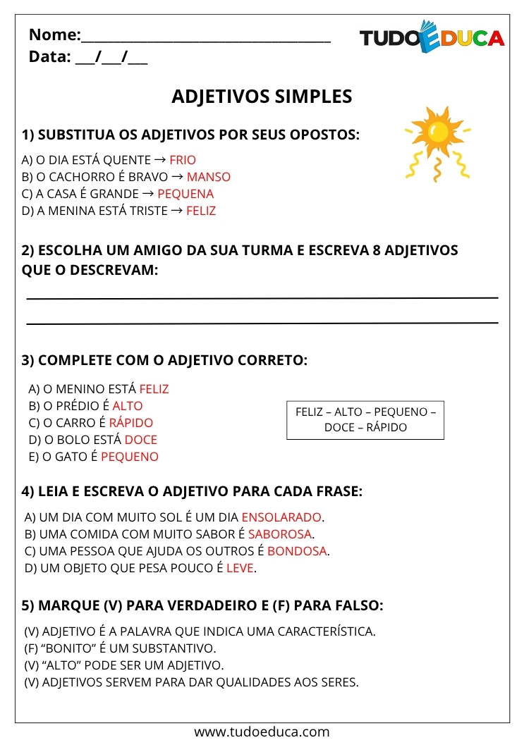 Atividade Portugues 3 ano com gabarito com adjetivos simples