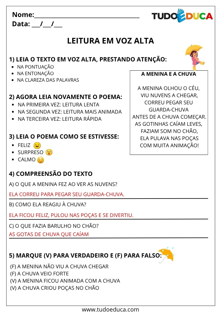 Atividade Portugues 3 ano com gabarito com leitura em voz alta