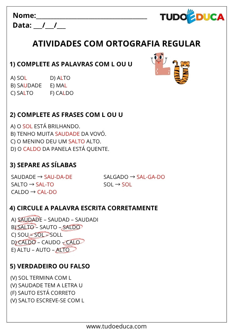 Atividade Portugues 3 ano com gabarito com ortografia regular