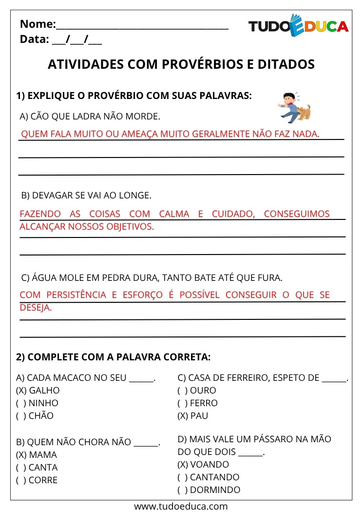 Atividade Portugues 3 ano com gabarito com proverbios e ditados
