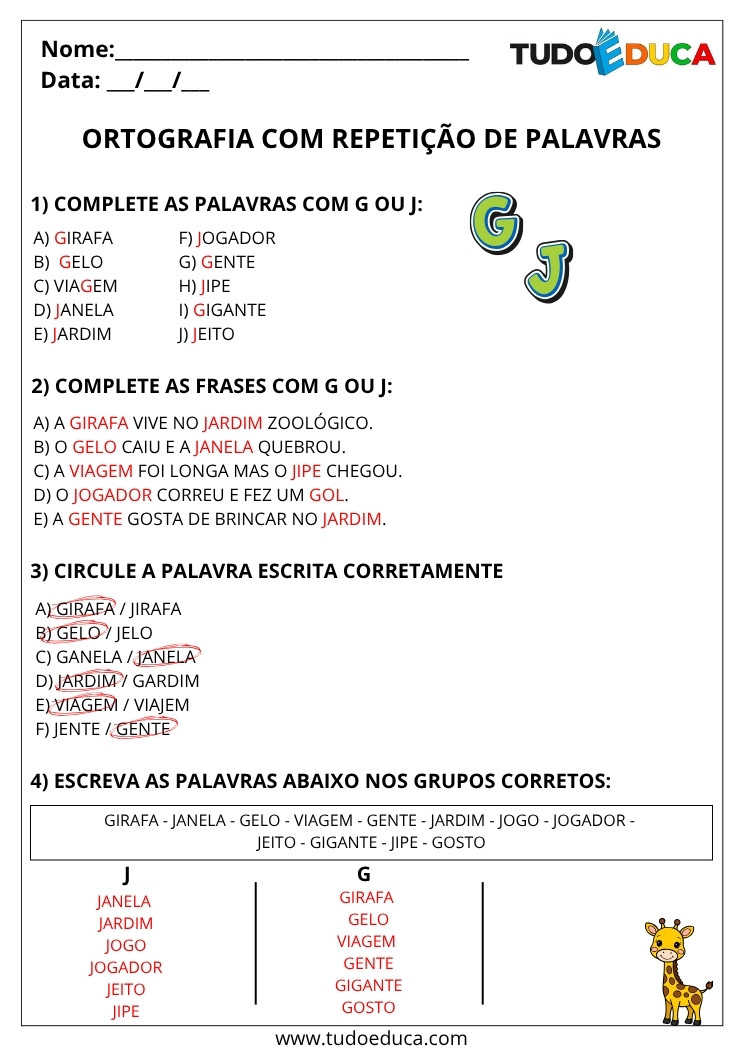 Atividade Portugues 3 ano com gabarito com repeticao de palavras