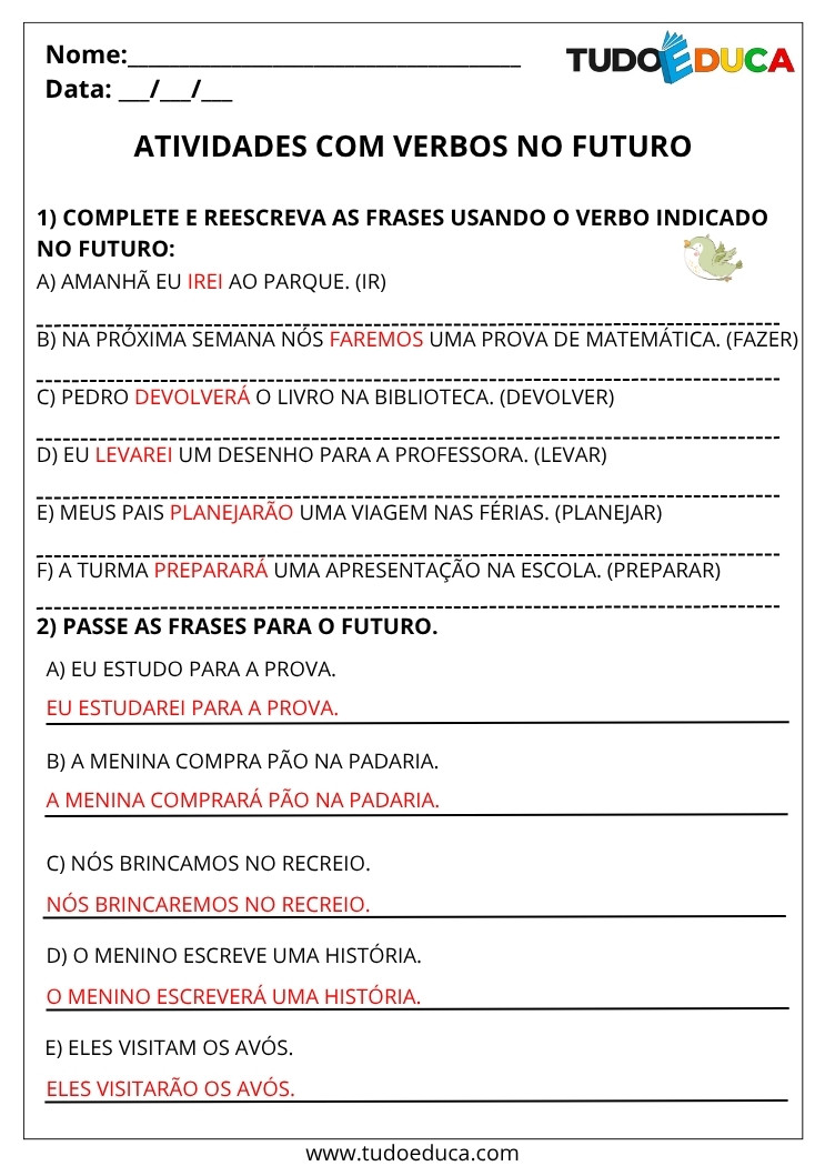 Atividade Portugues 3 ano com gabarito com verbos no futuro