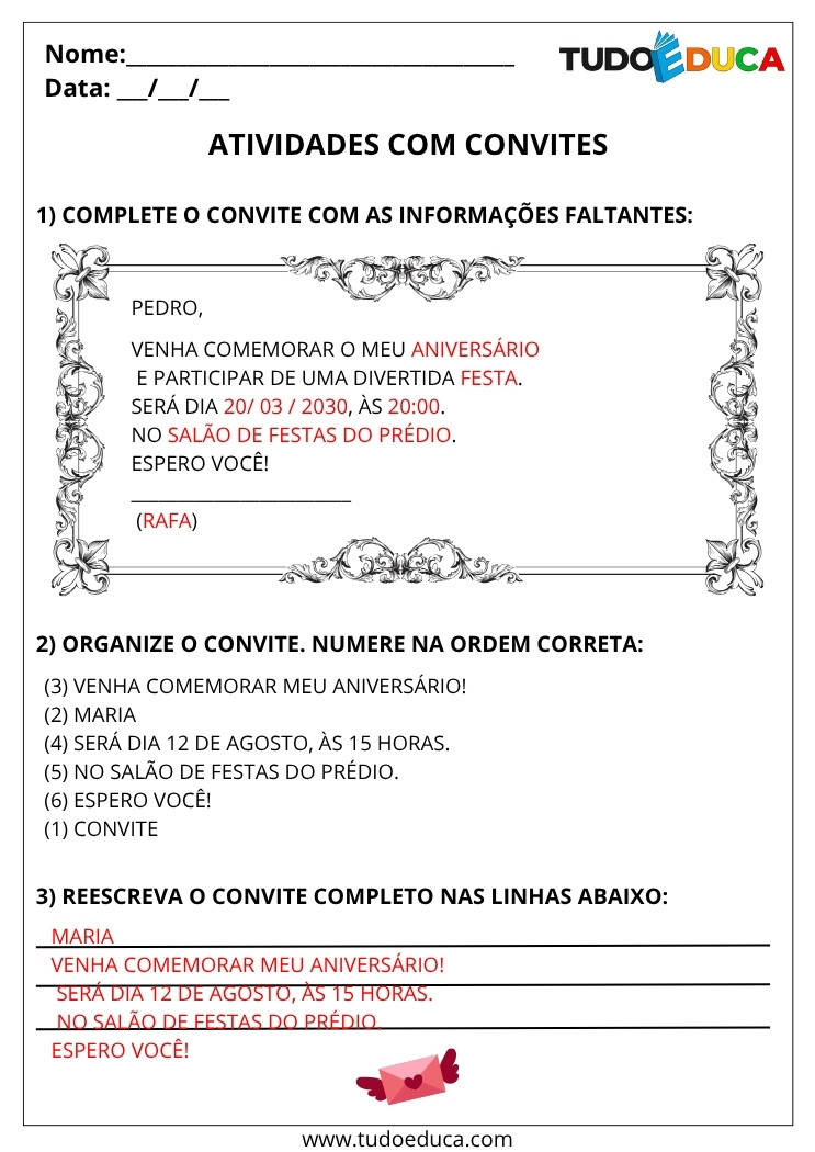 Atividade Portugues 3 ano com gabarito convites