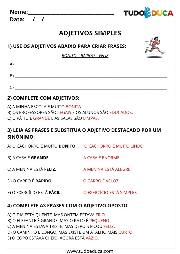 Atividade Portugues 3 ano com gabarito de adjetivos simples