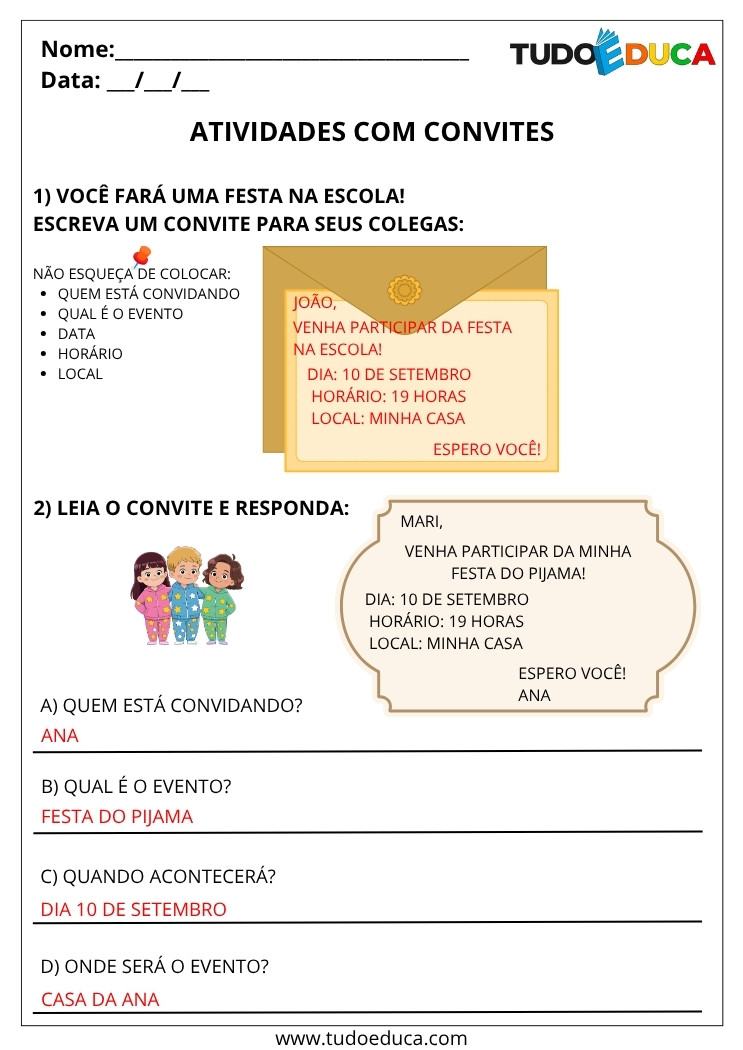 Atividade Portugues 3 ano com gabarito de convites