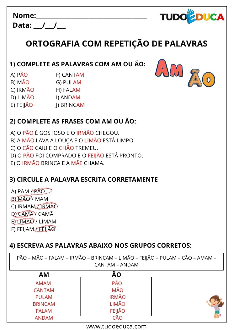 Atividade Portugues 3 ano com gabarito de repeticao de palavras