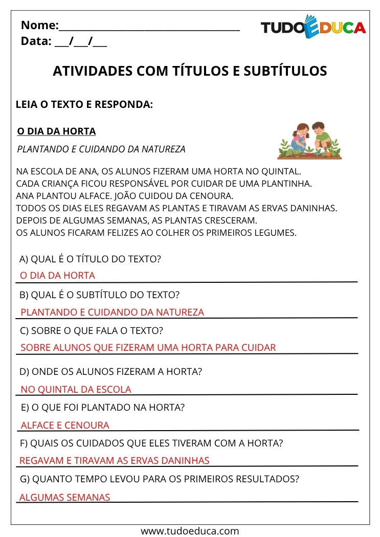 Atividade Portugues 3 ano com gabarito de titulos e subtitulos