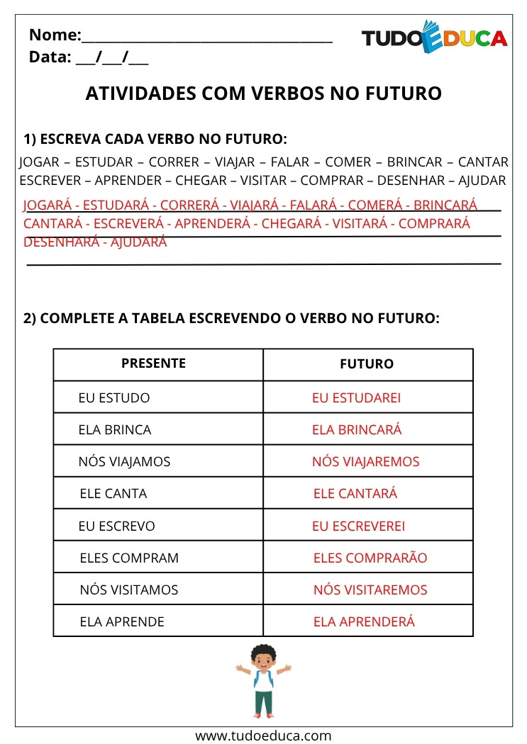 Atividade Portugues 3 ano com gabarito de verbos no futuro