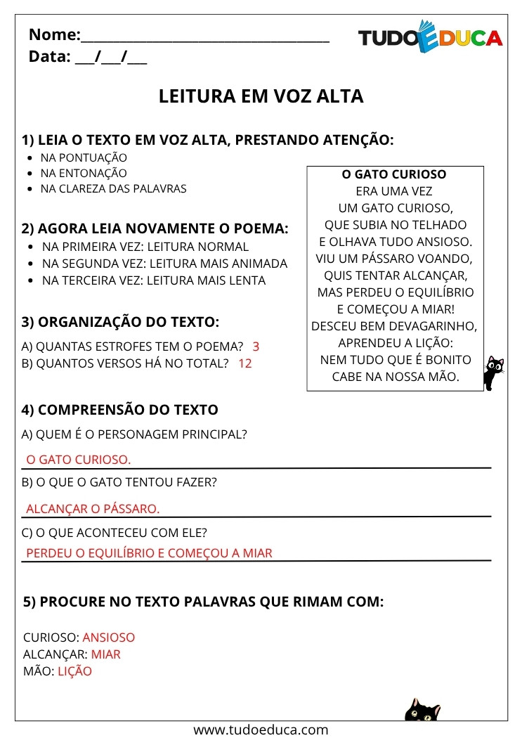 Atividade Portugues 3 ano com gabarito leitura em voz alta