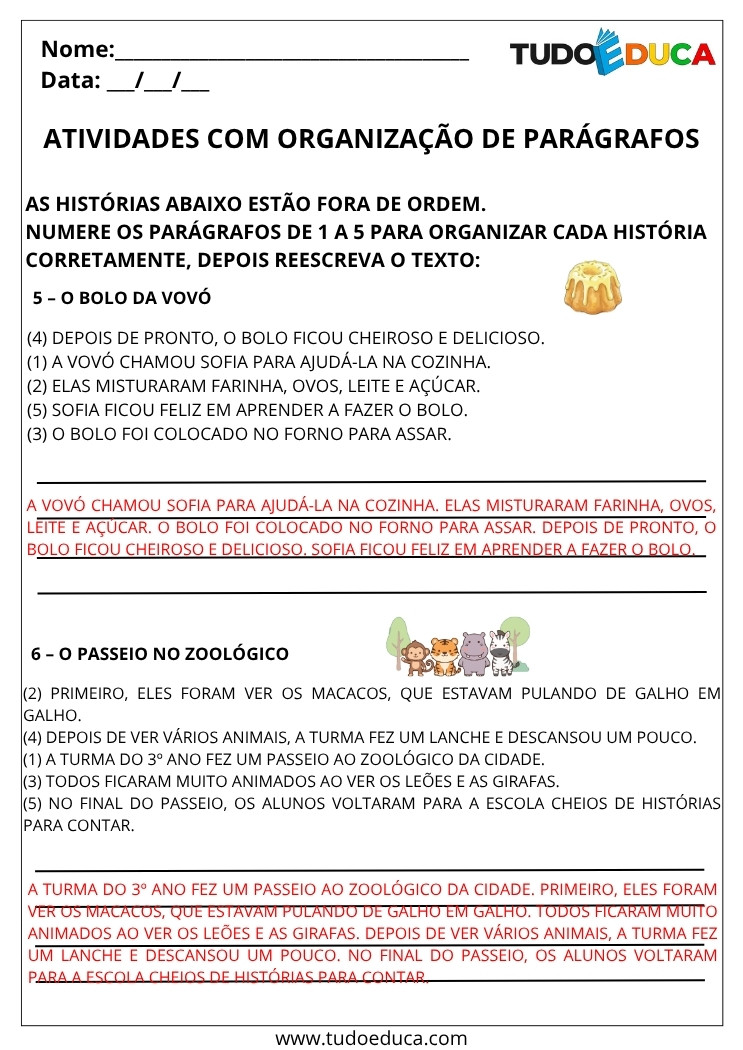 Atividade Portugues 3 ano com gabarito ordem paragrafos