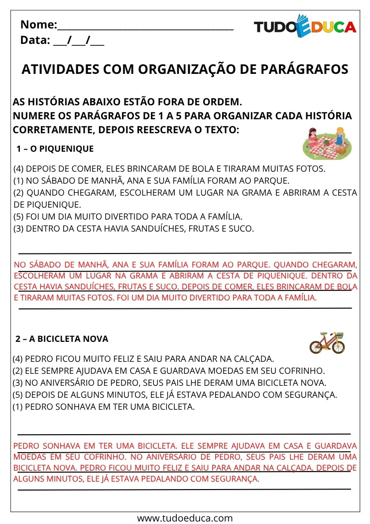 Atividade Portugues 3 ano com gabarito organizacao de paragrafos