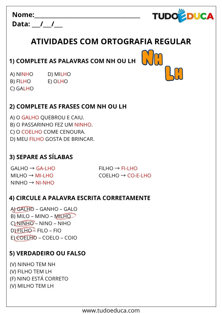 Atividade Portugues 3 ano com gabarito ortografia nh e lh