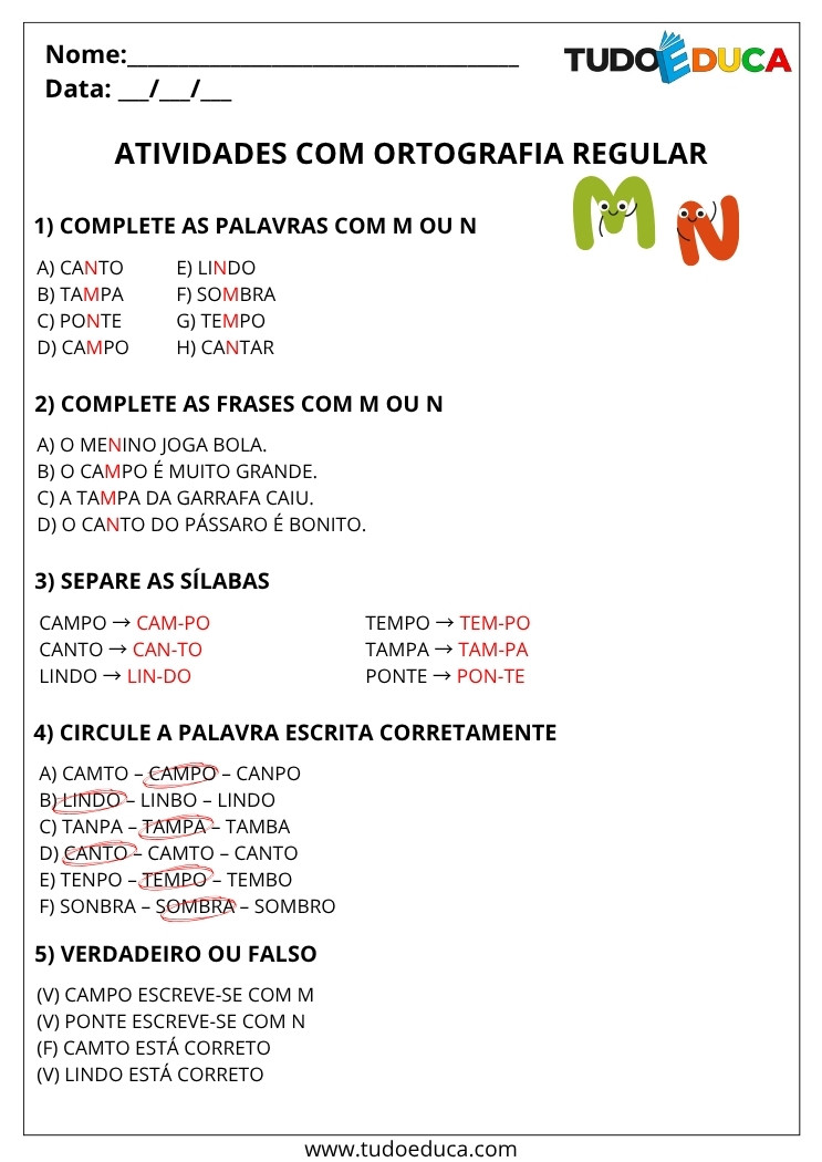 Atividade Portugues 3 ano com gabarito ortografia regular
