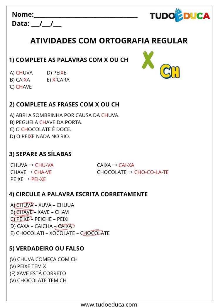 Atividade Portugues 3 ano com gabarito ortografia uso do ch