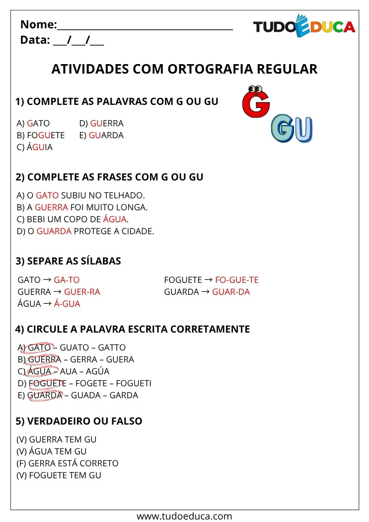 Atividade Portugues 3 ano com gabarito ortografia uso do gu