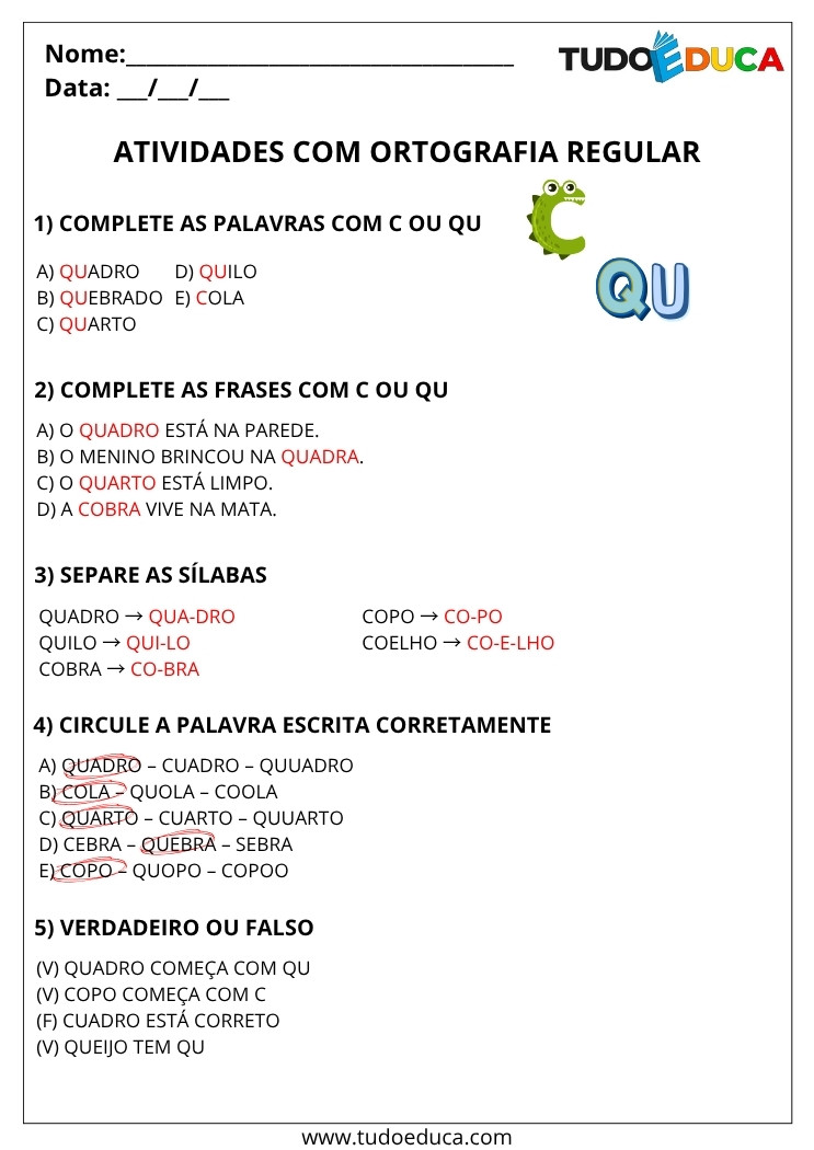 Atividade Portugues 3 ano com gabarito ortografia uso do qu