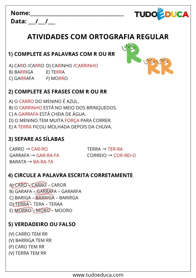 Atividade Portugues 3 ano com gabarito ortografia uso do rr