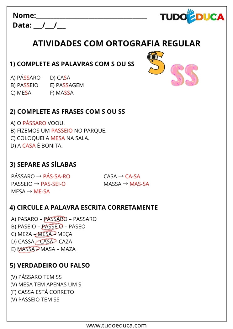 Atividade Portugues 3 ano com gabarito ortografia uso do ss