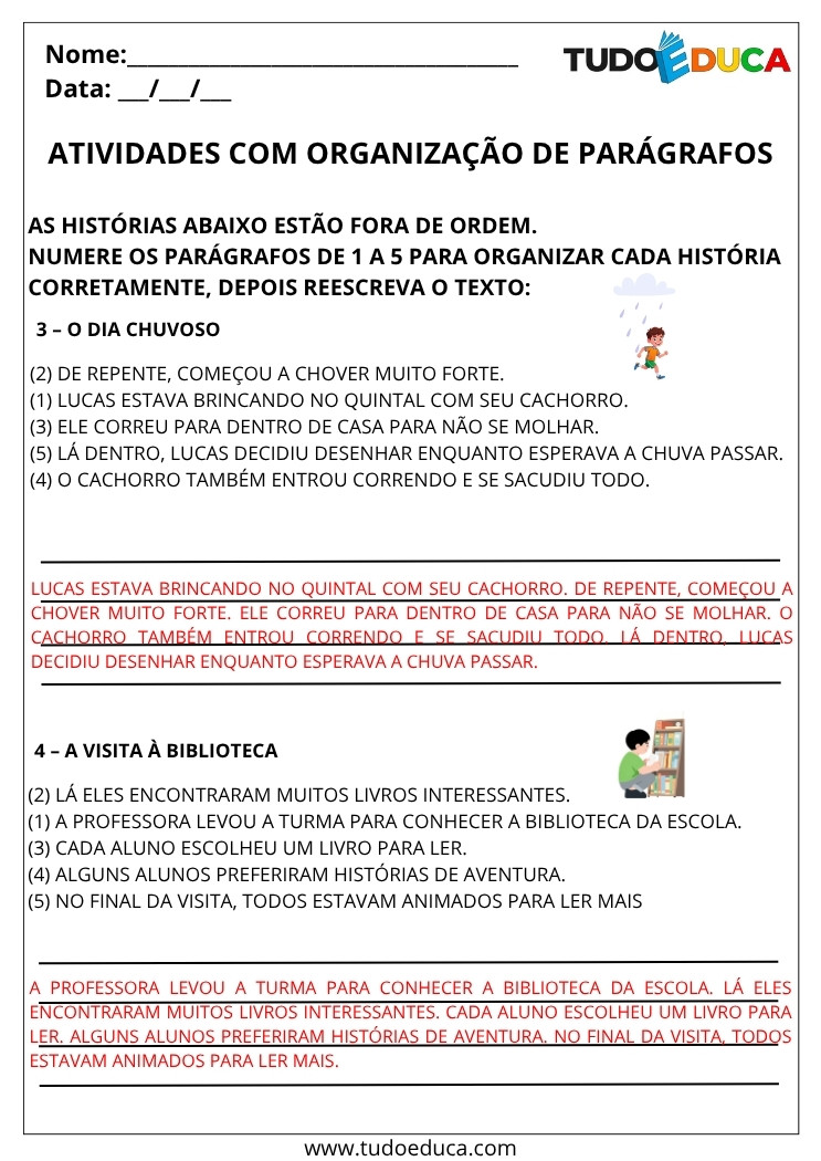 Atividade Portugues 3 ano com gabarito paragrafos