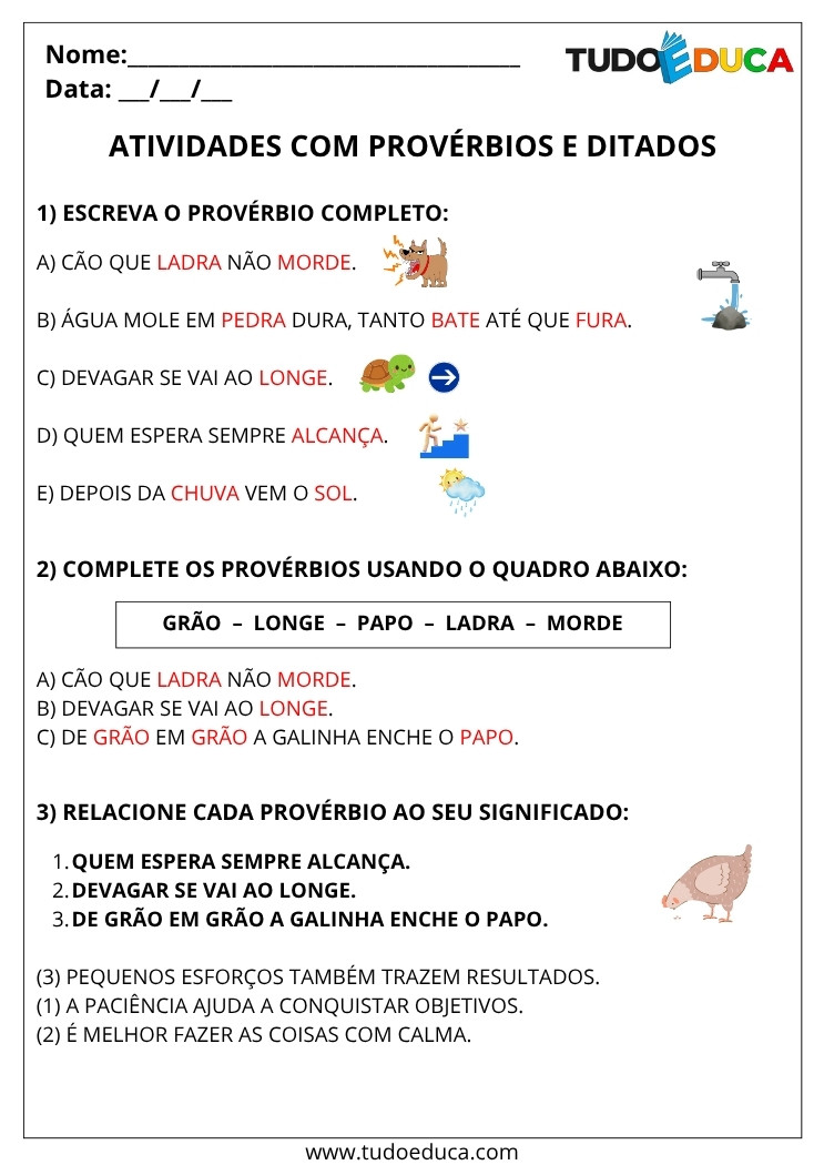 Atividade Portugues 3 ano com gabarito proverbios e ditados