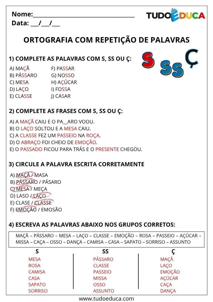 Atividade Portugues 3 ano com gabarito repeticao de palavras