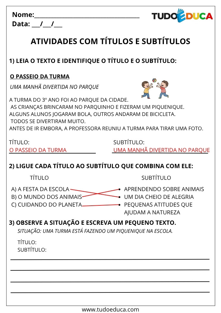 Atividade Portugues 3 ano com gabarito titulos e subtitulos
