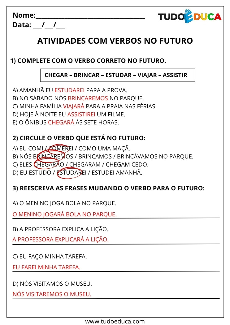 Atividade Portugues 3 ano com gabarito verbos no futuro