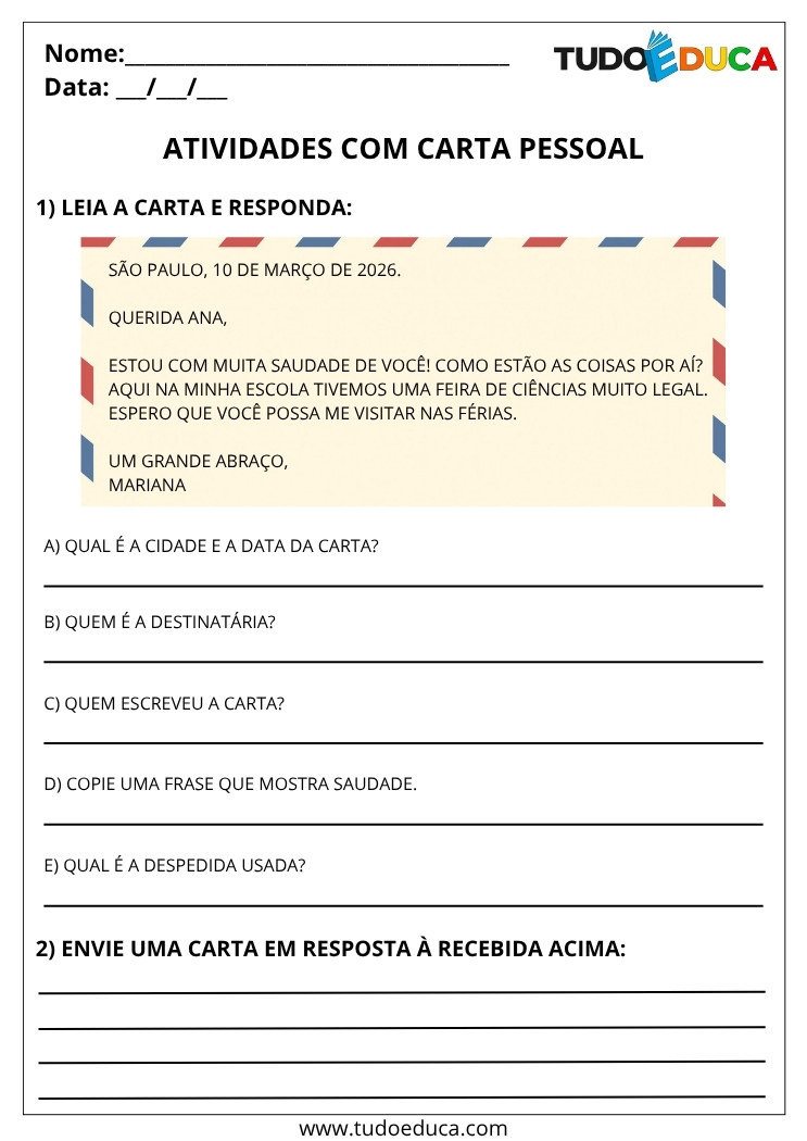 Atividade de Português 4 ano carta pessoal