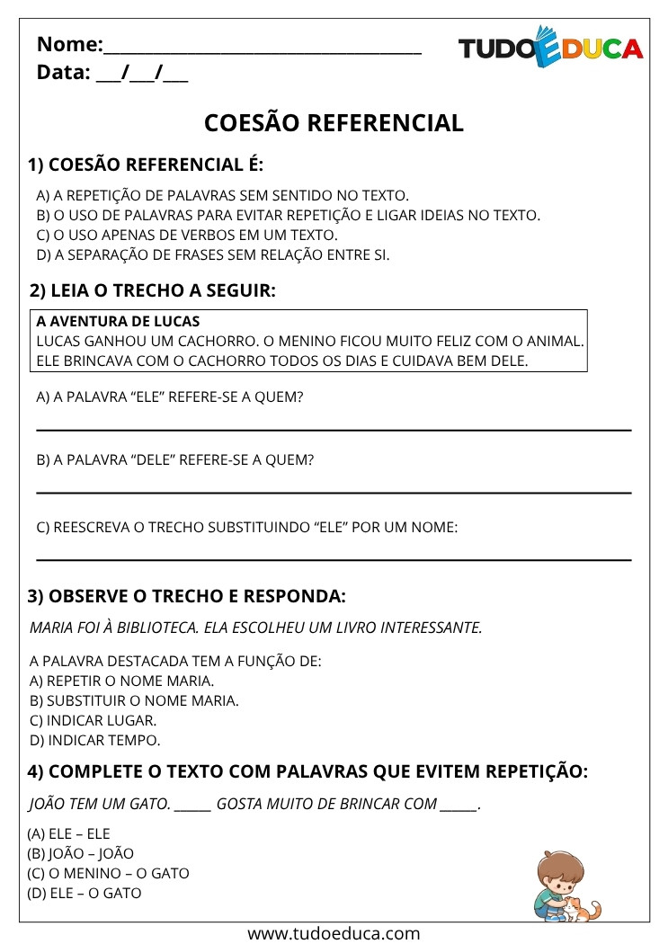 Atividade de Português 4 ano coesao referencial