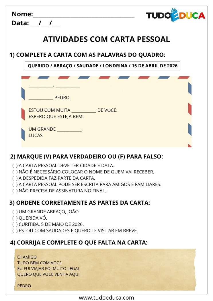 Atividade de Português 4 ano com carta pessoal