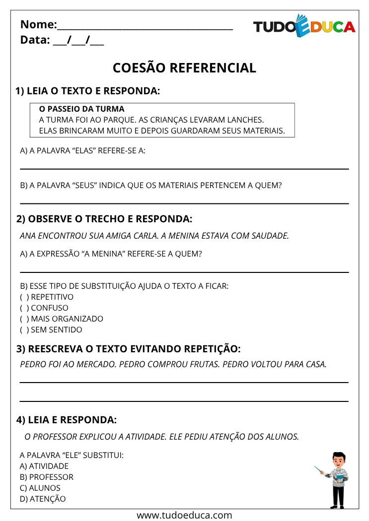Atividade de Português 4 ano com coesao referencial