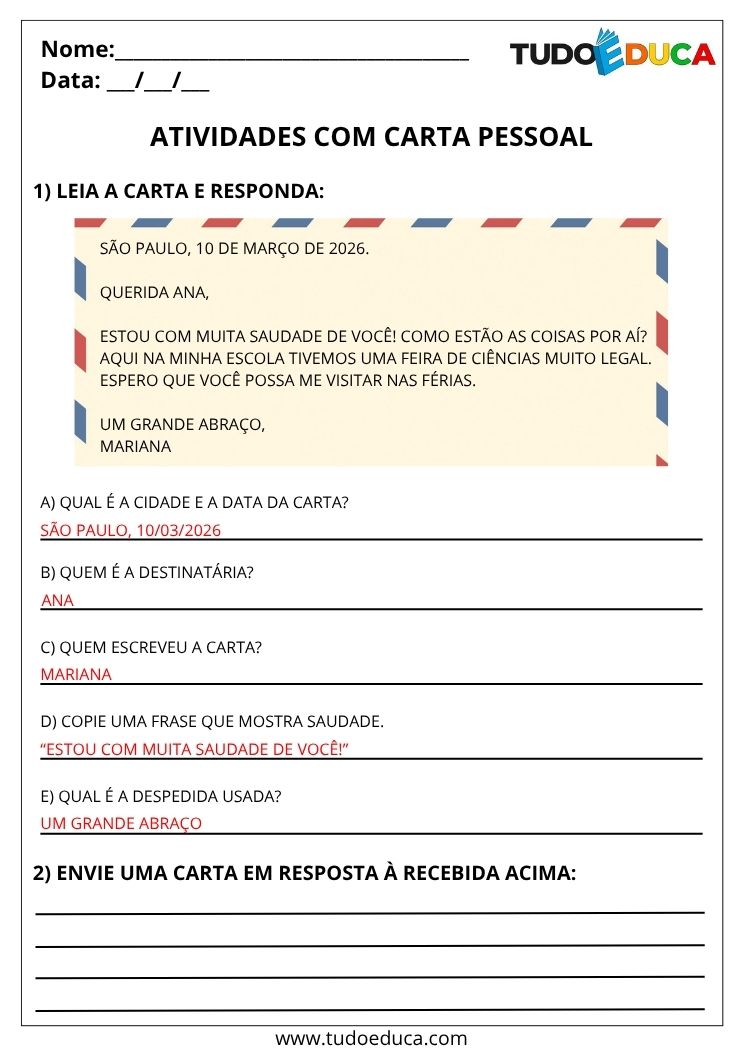 Atividade de Portugues 4 ano com gabarito carta pessoal