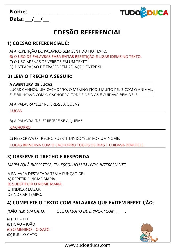 Atividade de Portugues 4 ano com gabarito coesao referencial