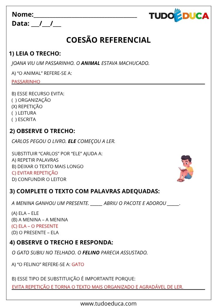 Atividade de Portugues 4 ano com gabarito coesao