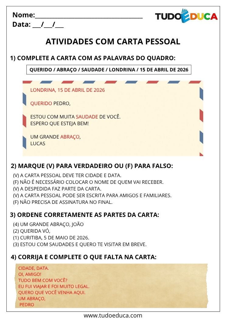 Atividade de Portugues 4 ano com gabarito com carta pessoal