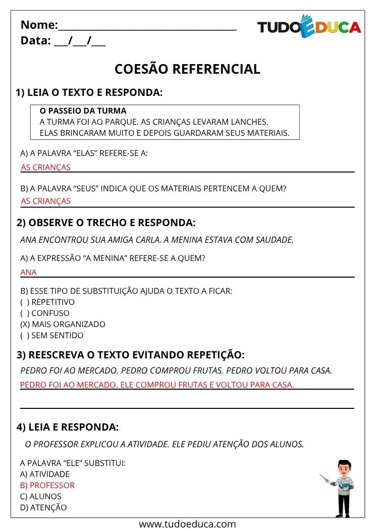 Atividade de Portugues 4 ano com gabarito com coesao referencial