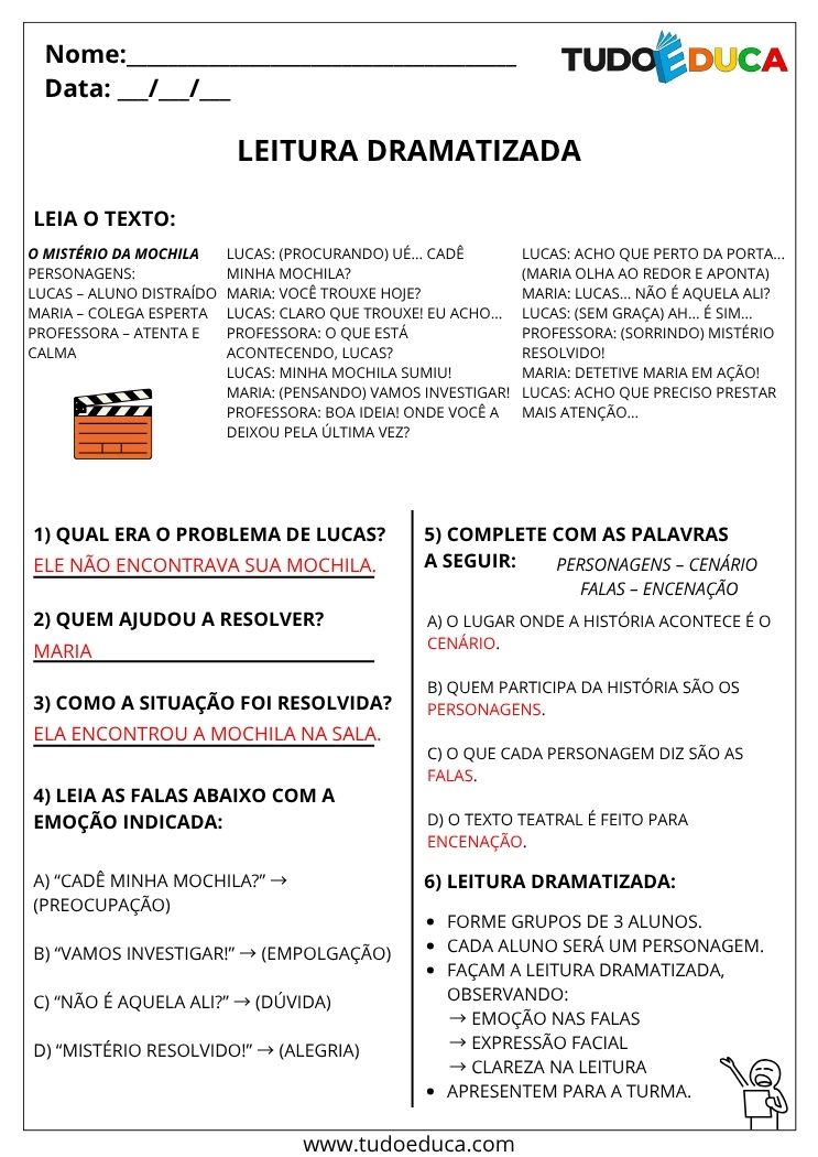 Atividade de Portugues 4 ano com gabarito com leitura dramatizada