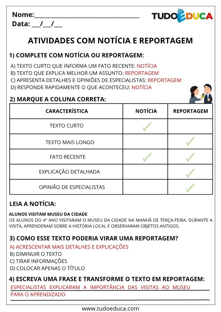 Atividade de Portugues 4 ano com gabarito com noticia e reportagem