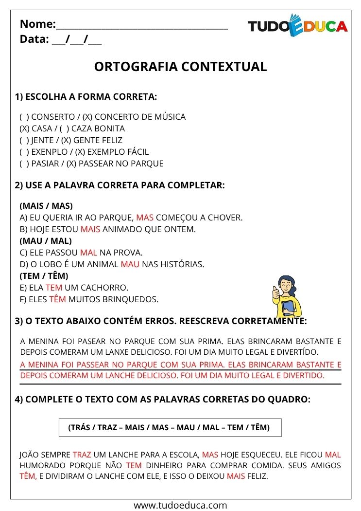Atividade de Portugues 4 ano com gabarito com ortografia contextual