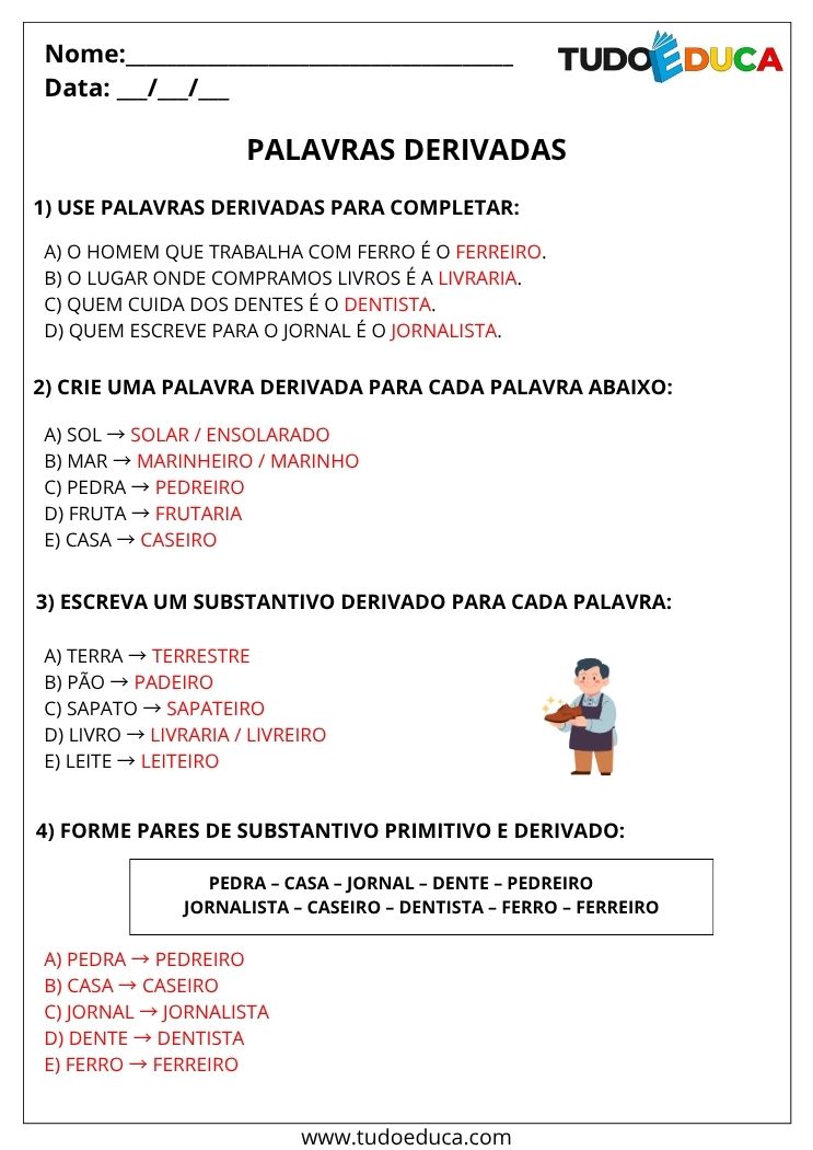 Atividade de Portugues 4 ano com gabarito com palavras derivadas