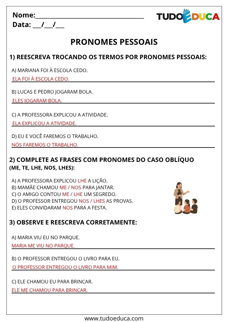 Atividade de Portugues 4 ano com gabarito com pronomes pessoais