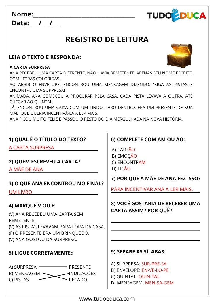 Atividade de Portugues 4 ano com gabarito com registro de leitura