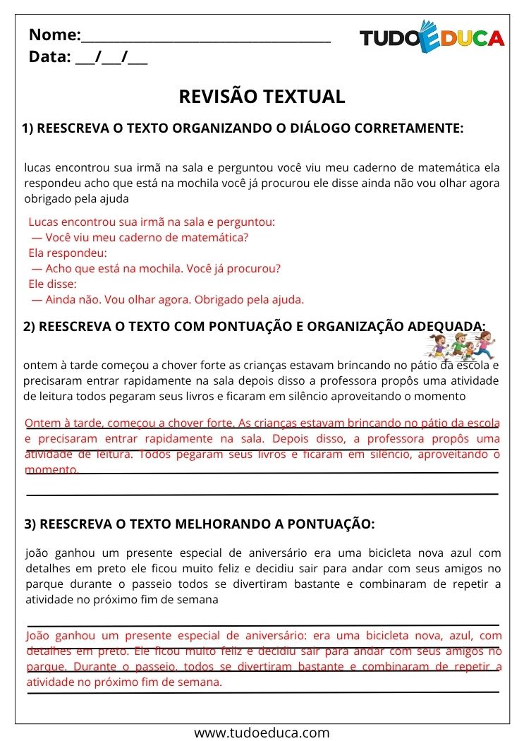 Atividade de Portugues 4 ano com gabarito com revisao textual