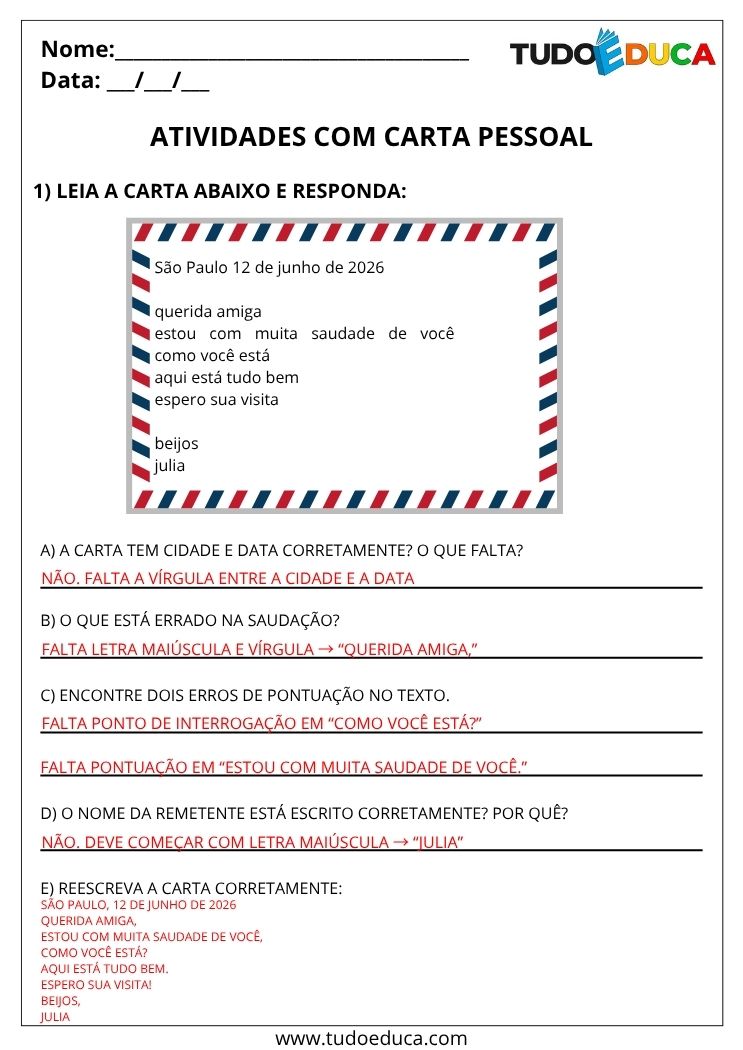 Atividade de Portugues 4 ano com gabarito de carta pessoal