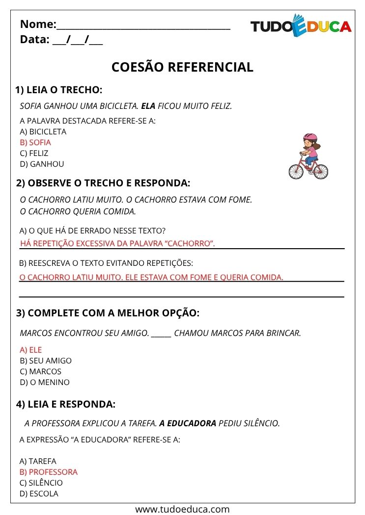 Atividade de Portugues 4 ano com gabarito de coesao referencial