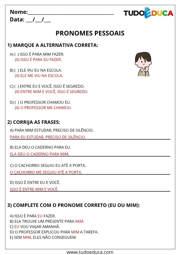 Atividade de Portugues 4 ano com gabarito de pronomes pessoais