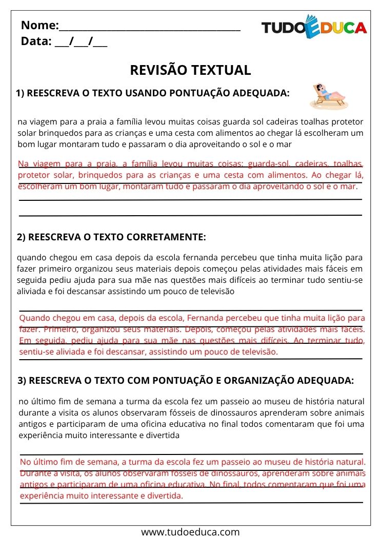 Atividade de Portugues 4 ano com gabarito de revisao textual